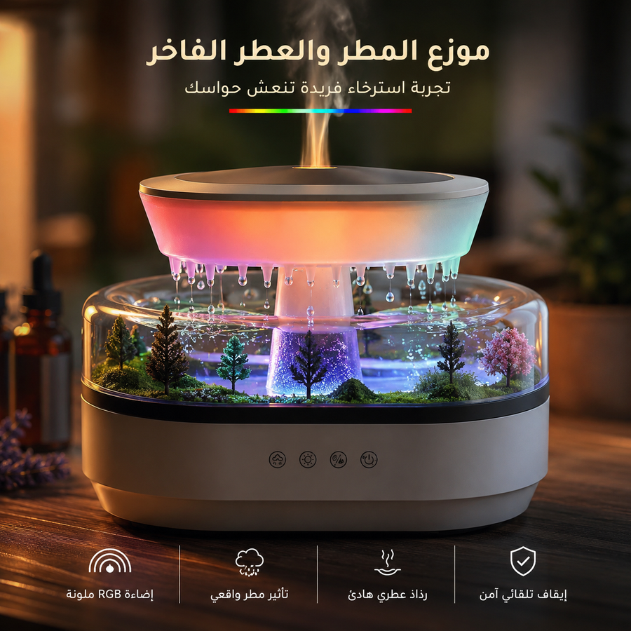 مرطب الهواء بتأثير المطر – تصميم غابة مصغرة داخلية مع إضاءة ليلية